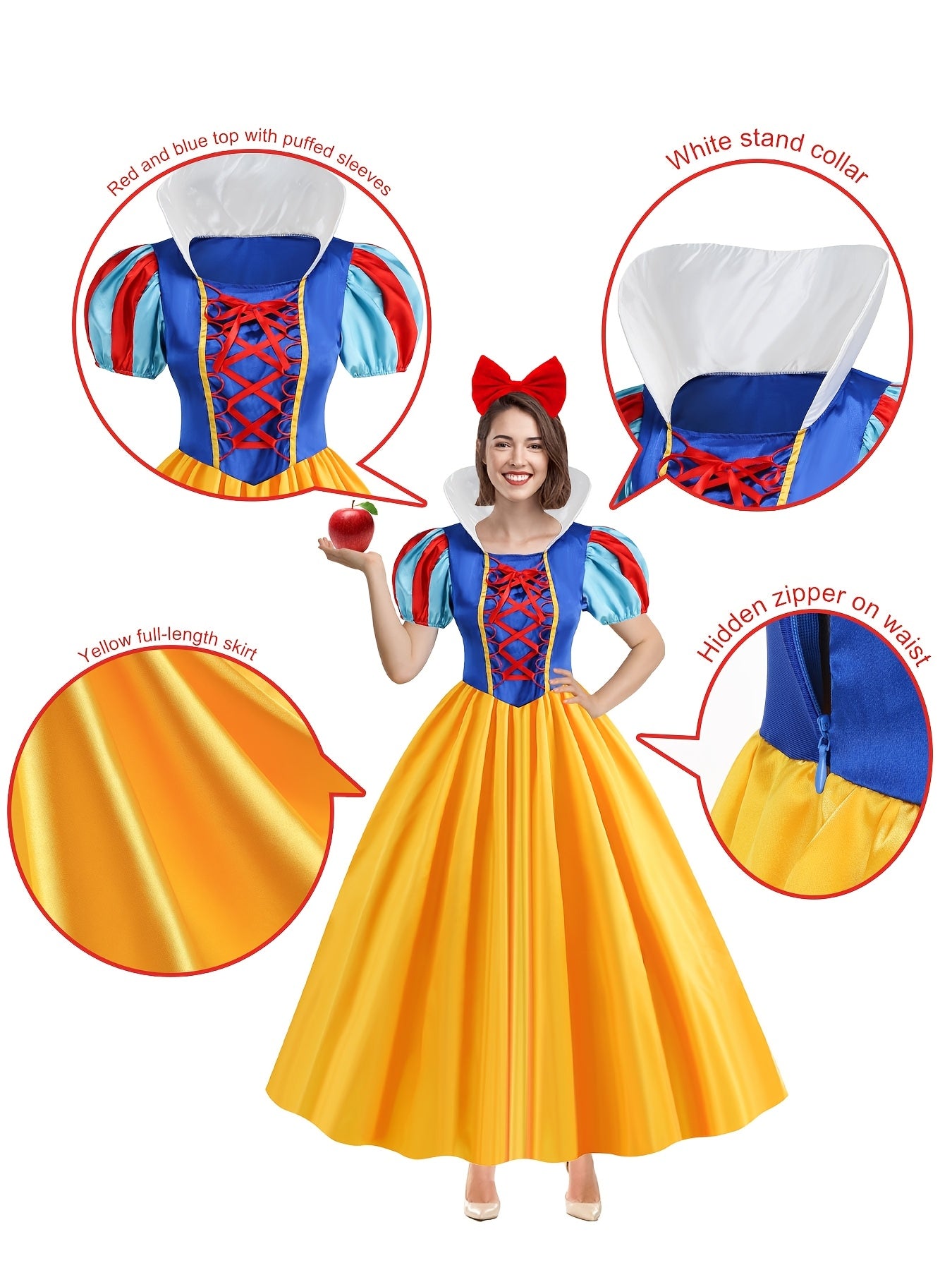 Classic Snow White Halloween Princess Costume with Headwear for Adults
